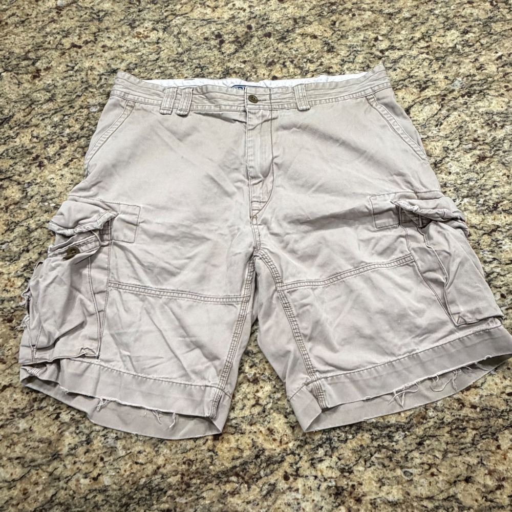 Polo Ralph Lauren Mens Cargo Shorts Tan Khaki Cotton Distressed Size 38